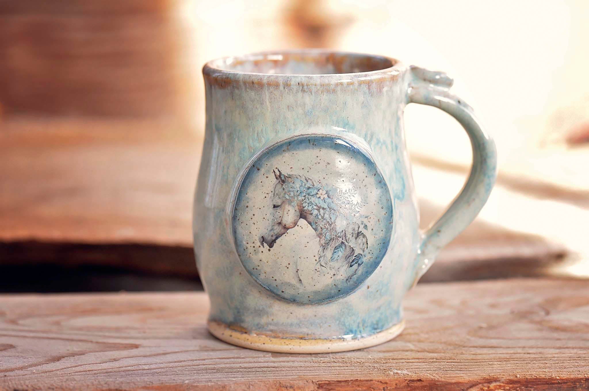 12.5oz Blue Flower & Feather Horse Mug