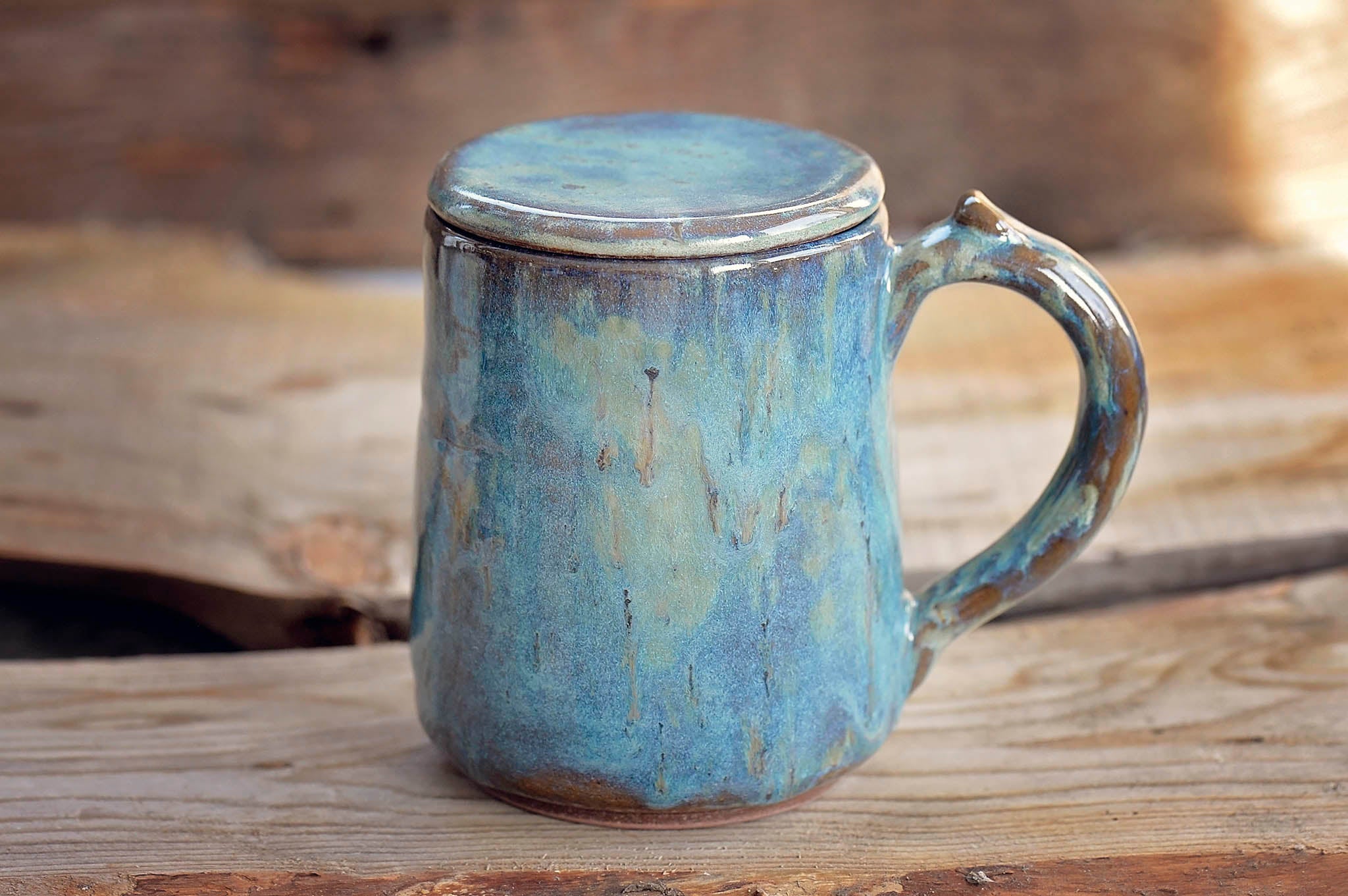 23.4oz Handmade Ceramic Mug with Lid - Green & Blue