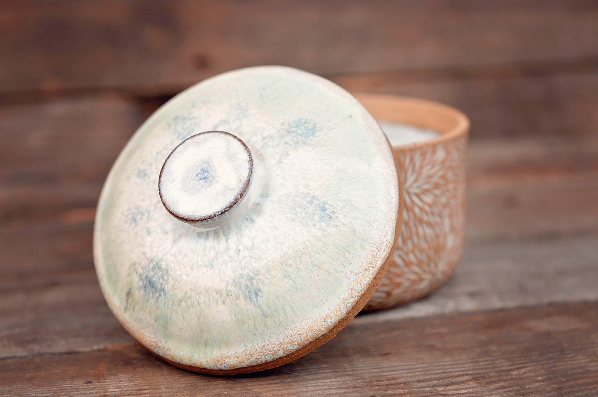 Ceramic Carved Blossom Jewelry Jar with Blue & Seafoam Lid
