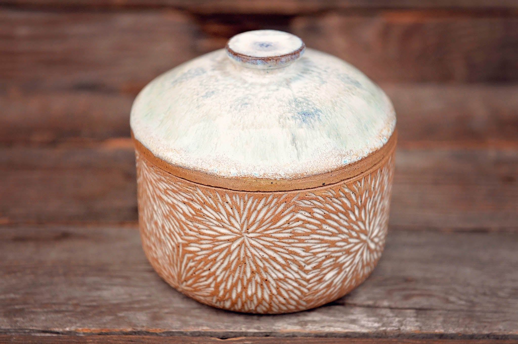 Ceramic Carved Blossom Jewelry Jar with Blue & Seafoam Lid