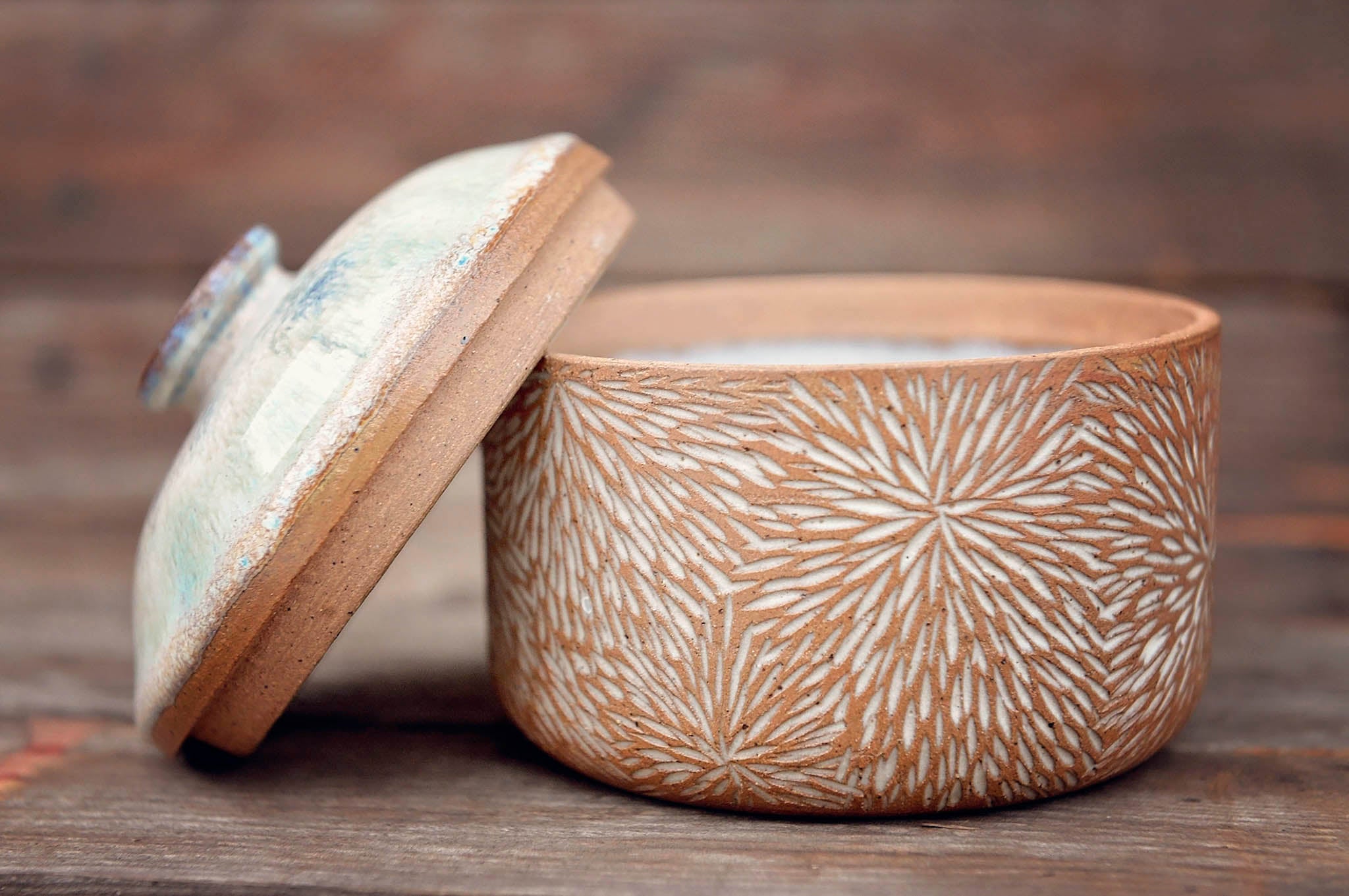 Ceramic Carved Blossom Jewelry Jar with Blue & Seafoam Lid