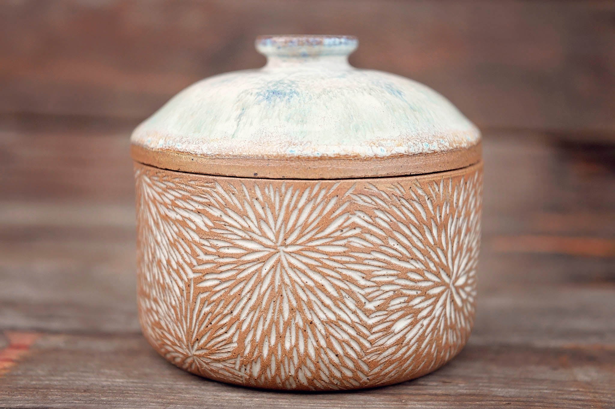 Ceramic Carved Blossom Jewelry Jar with Blue & Seafoam Lid