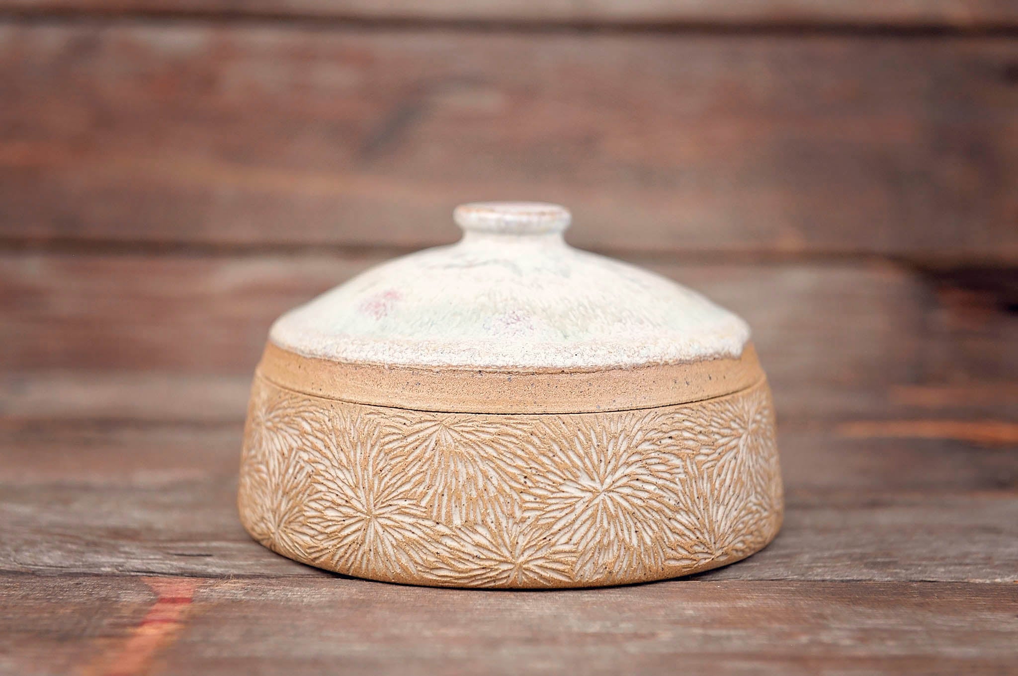 Ceramic Carved Blossom Jewelry Jar with Pink & Cream Lid