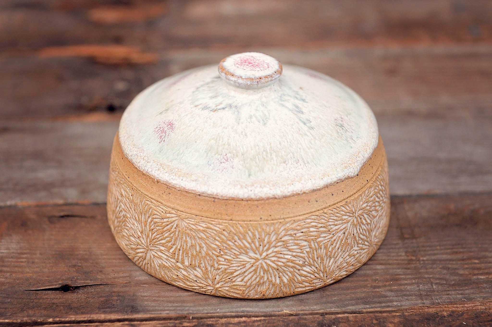 Ceramic Carved Blossom Jewelry Jar with Pink & Cream Lid