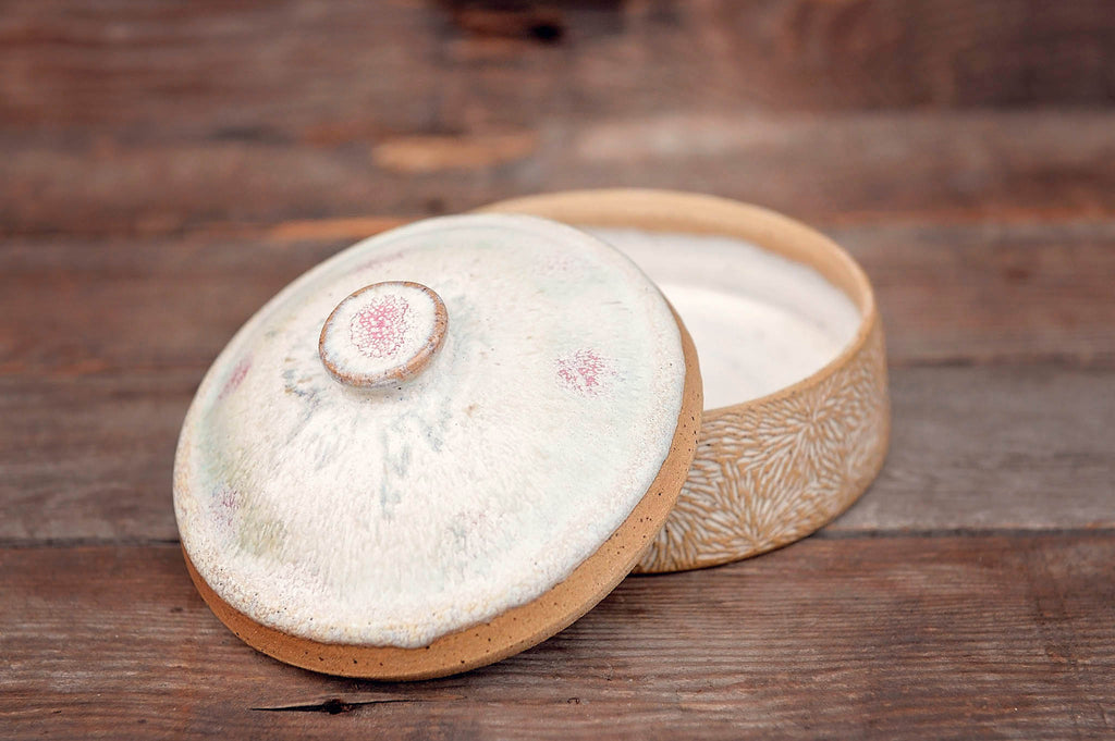 Ceramic Carved Blossom Jewelry Jar with Pink & Cream Lid