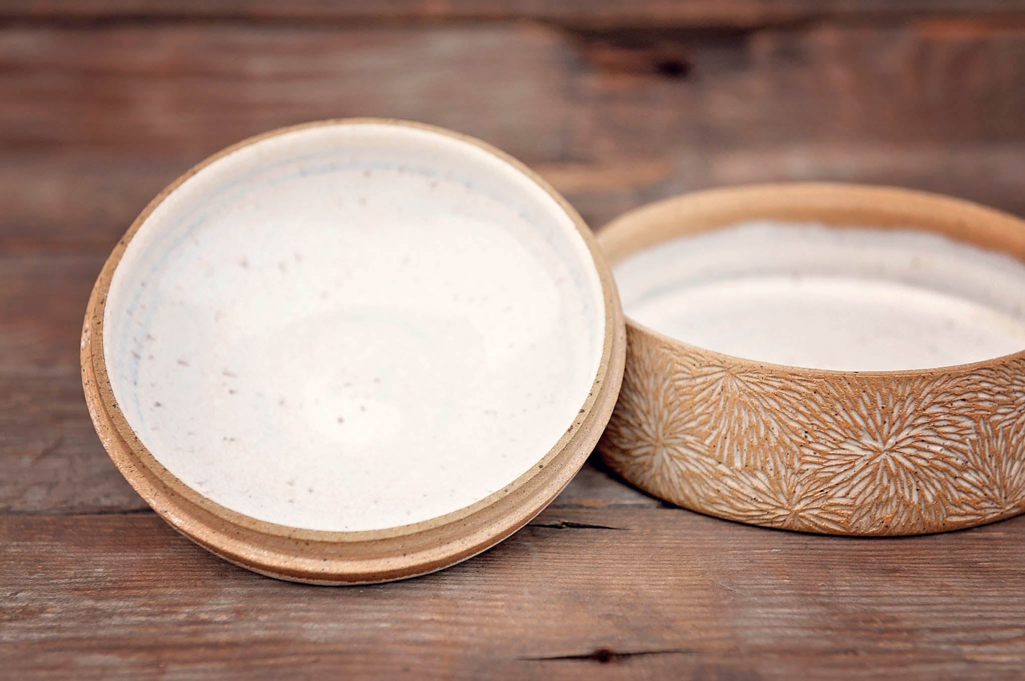 Ceramic Carved Blossom Jewelry Jar with Pink & Cream Lid