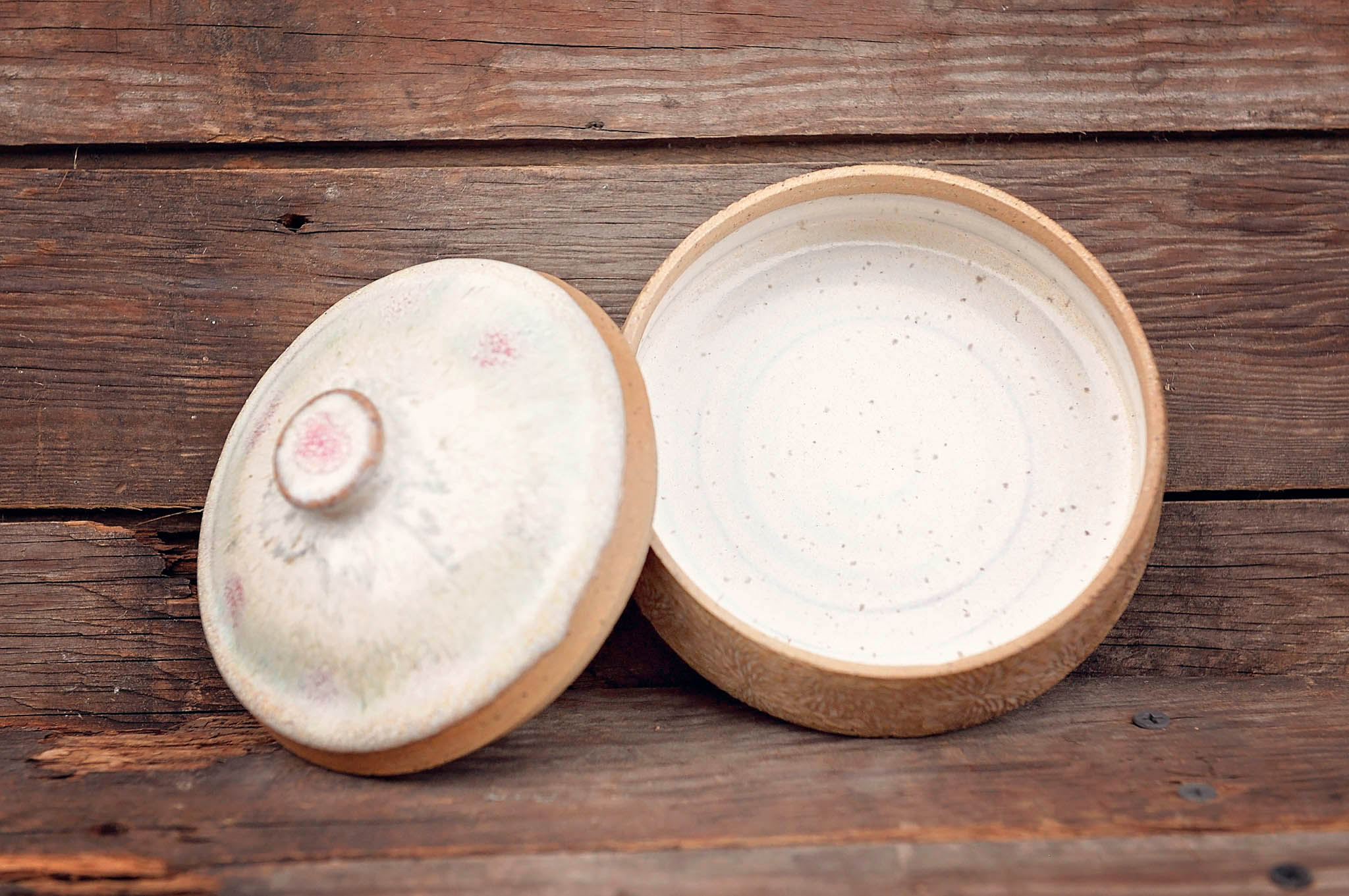 Ceramic Carved Blossom Jewelry Jar with Pink & Cream Lid