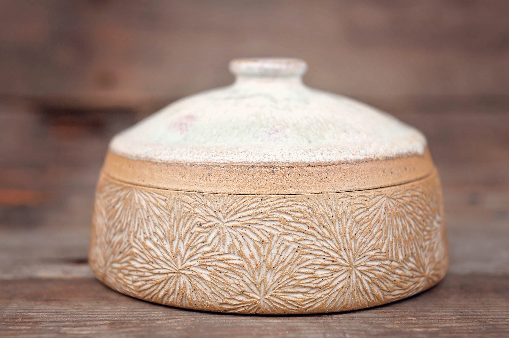 Ceramic Carved Blossom Jewelry Jar with Pink & Cream Lid