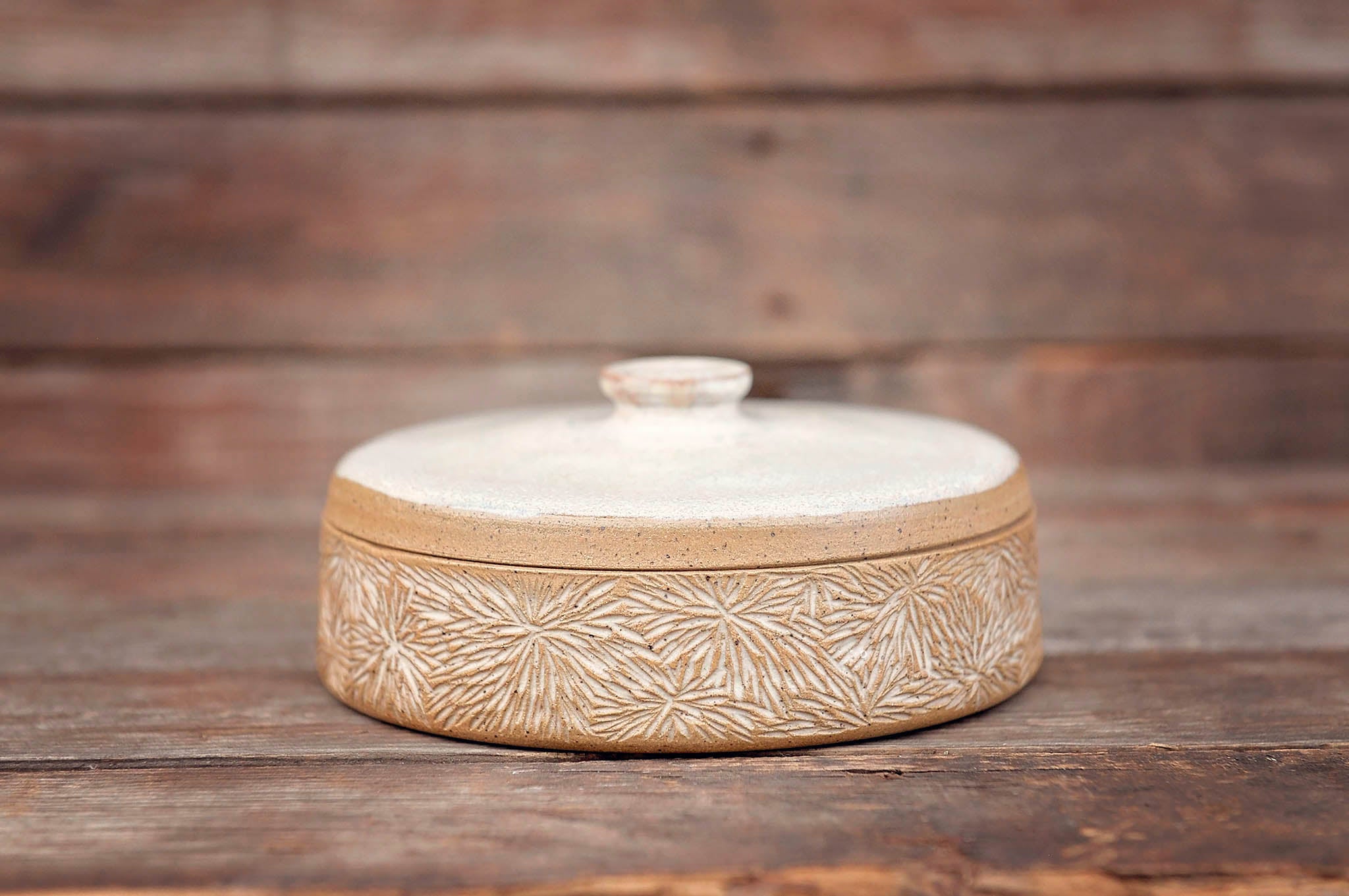 Ceramic Carved Blossom Jewelry Jar with Light Celadon Green Lid