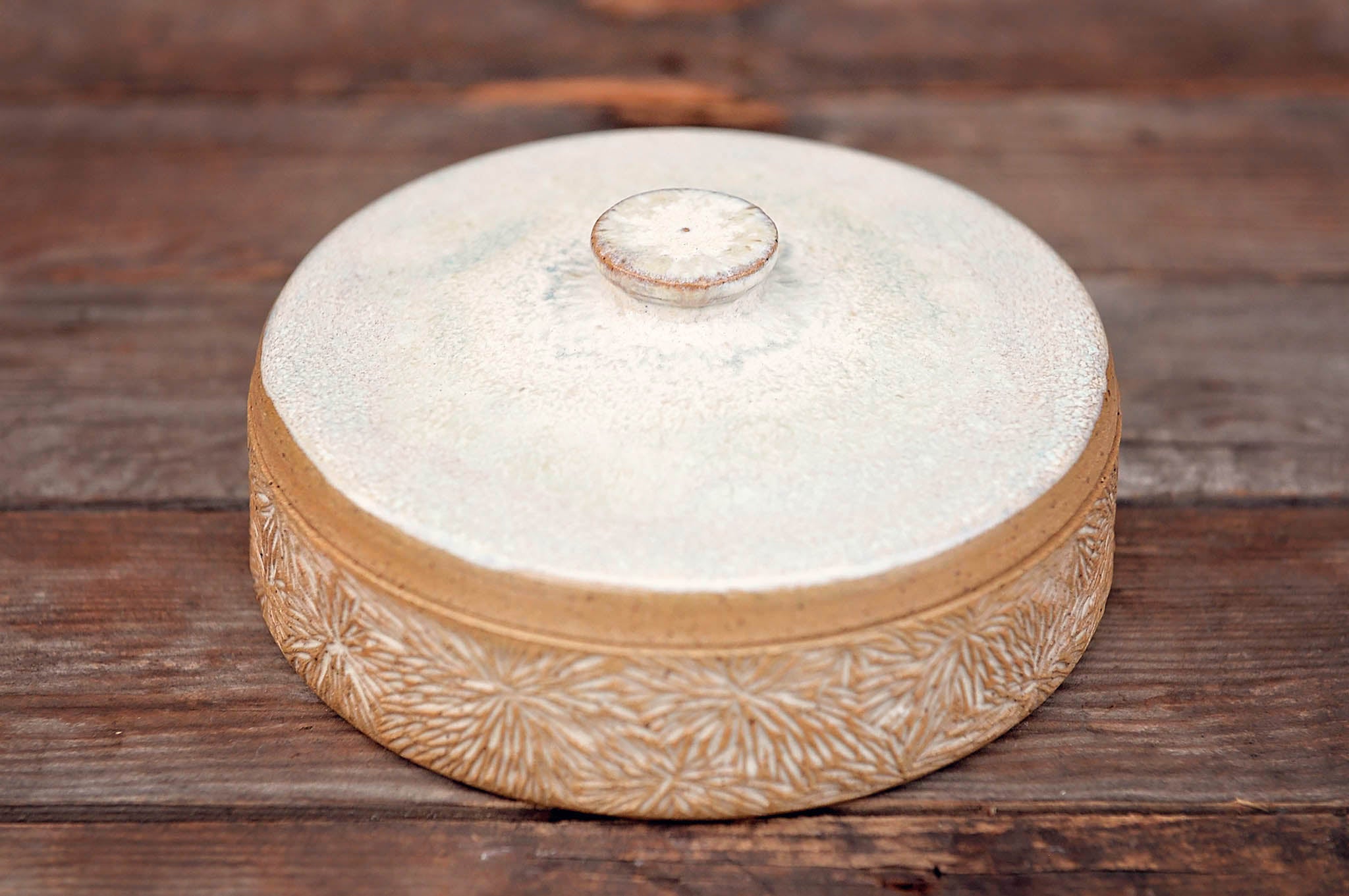 Ceramic Carved Blossom Jewelry Jar with Light Celadon Green Lid