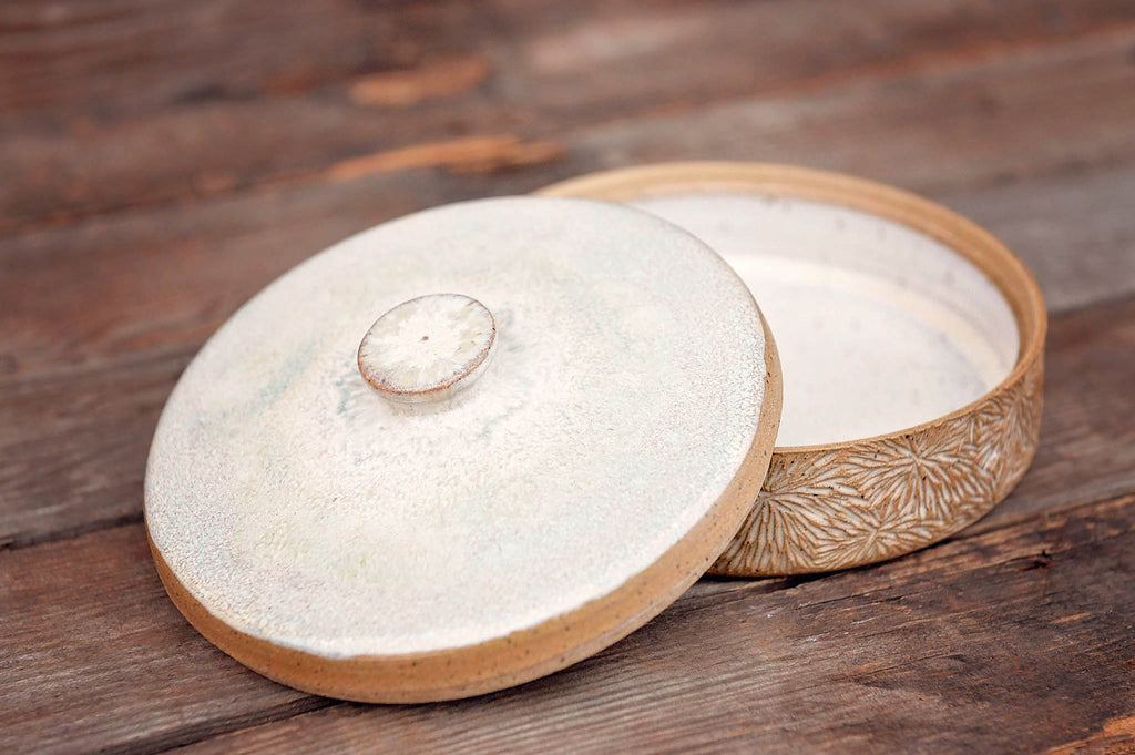 Ceramic Carved Blossom Jewelry Jar with Light Celadon Green Lid