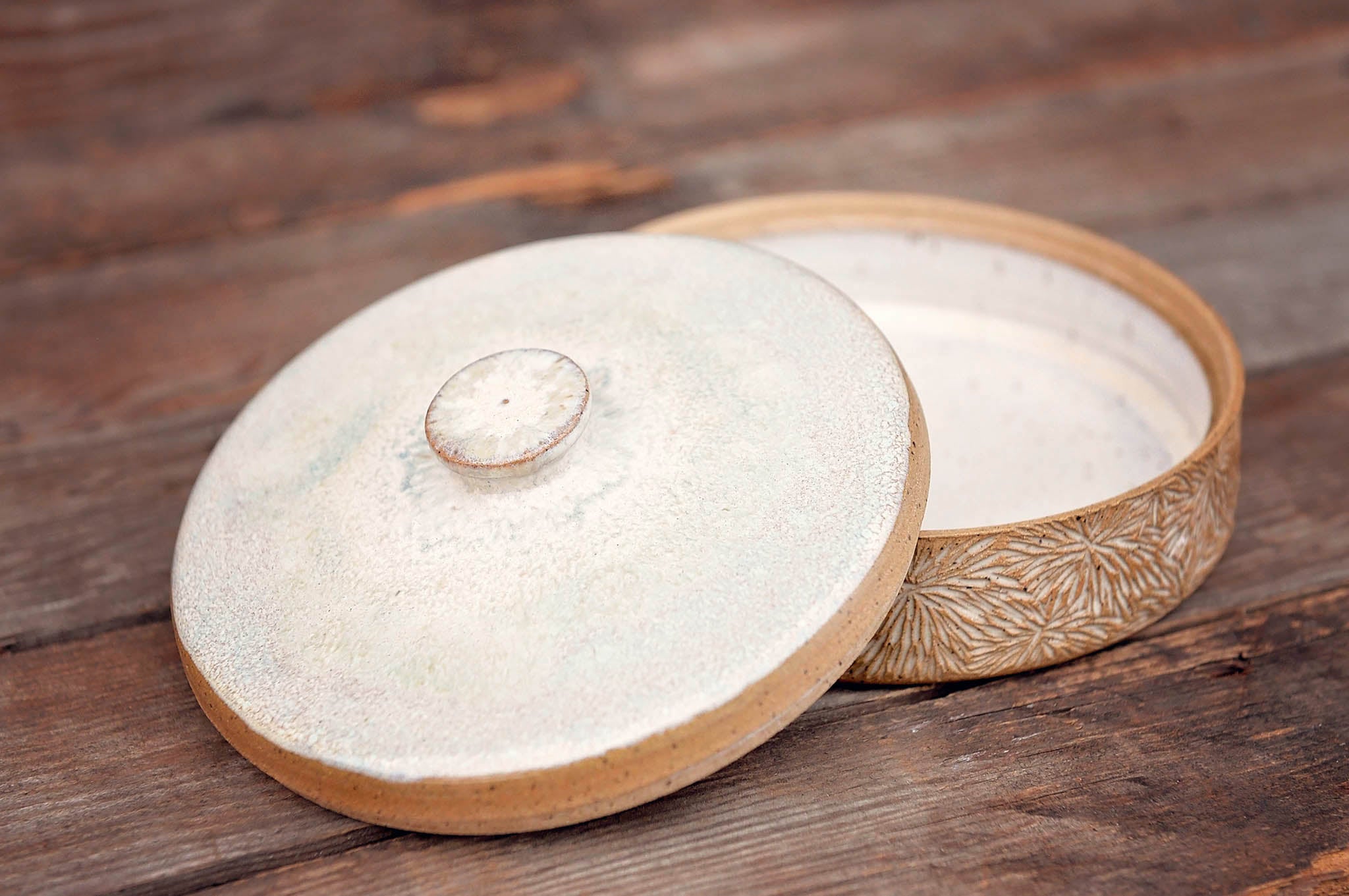 Ceramic Carved Blossom Jewelry Jar with Light Celadon Green Lid