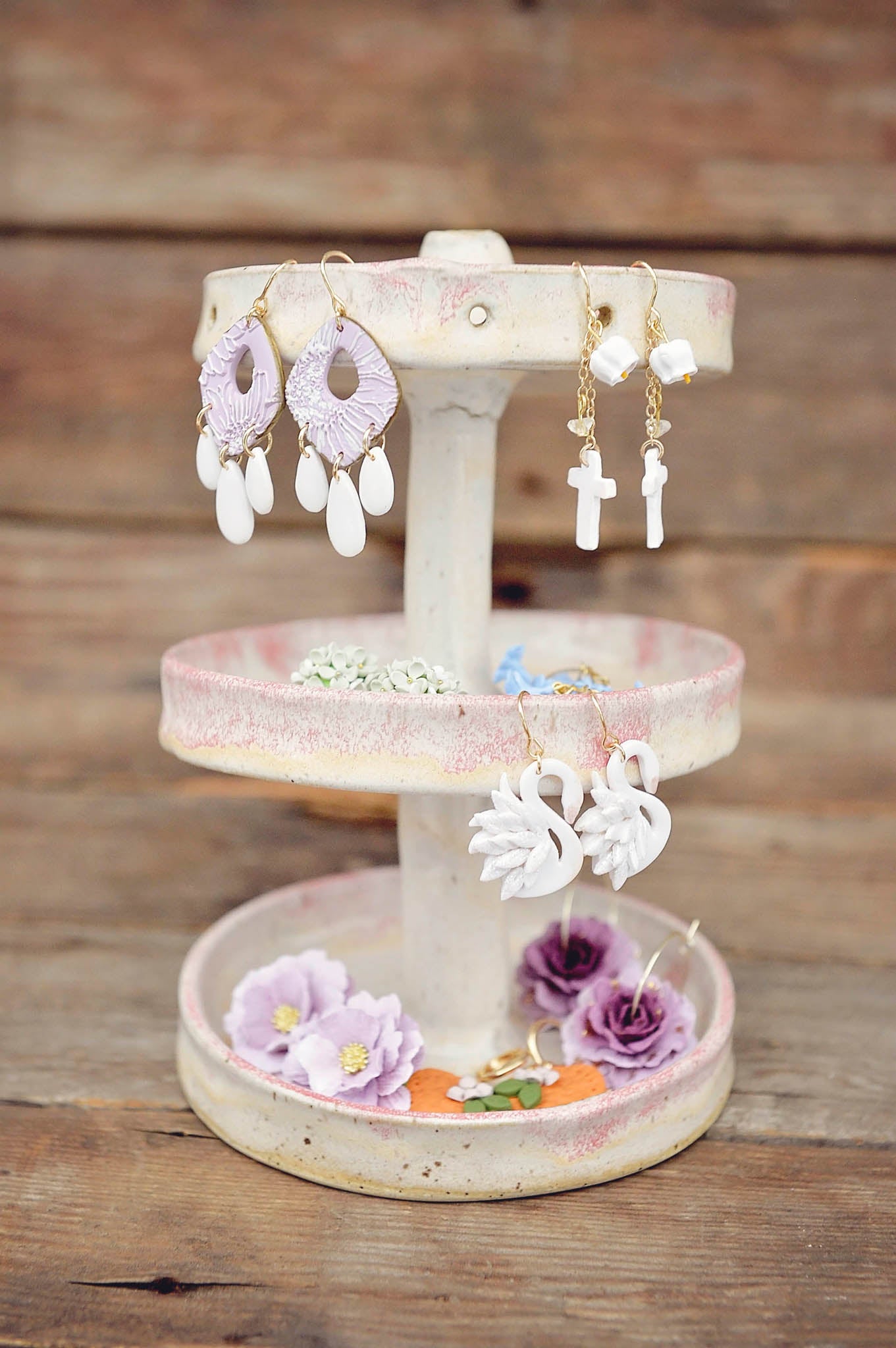 Three-Tier Blue-Green Ceramic Jewelry Stand