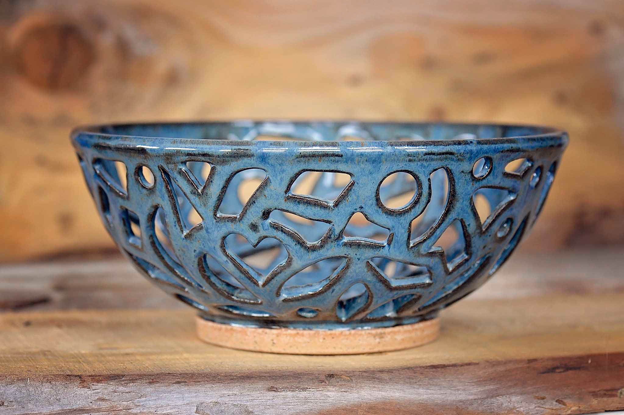 Carved Blue Ceramic Bowl
