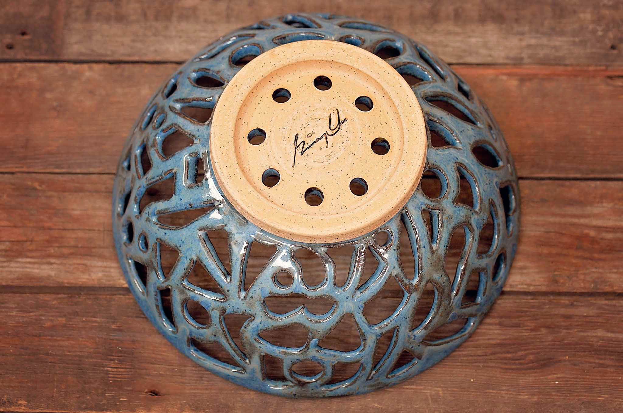 Carved Blue Ceramic Bowl