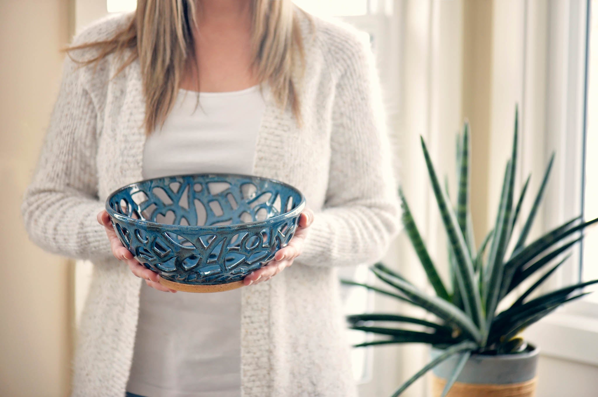 Carved Blue Ceramic Bowl