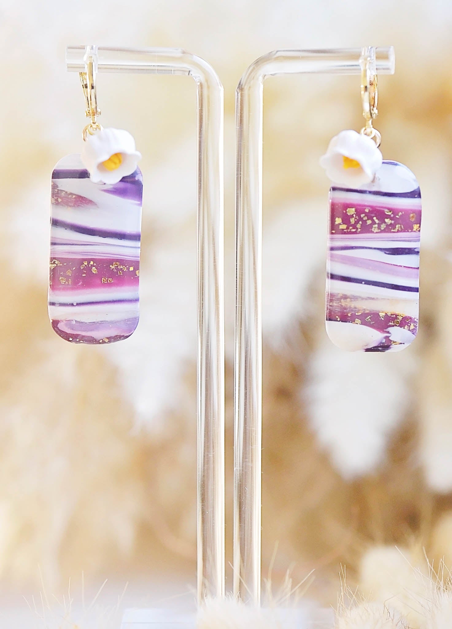 White Bell Purple Lace Bar Earrings
