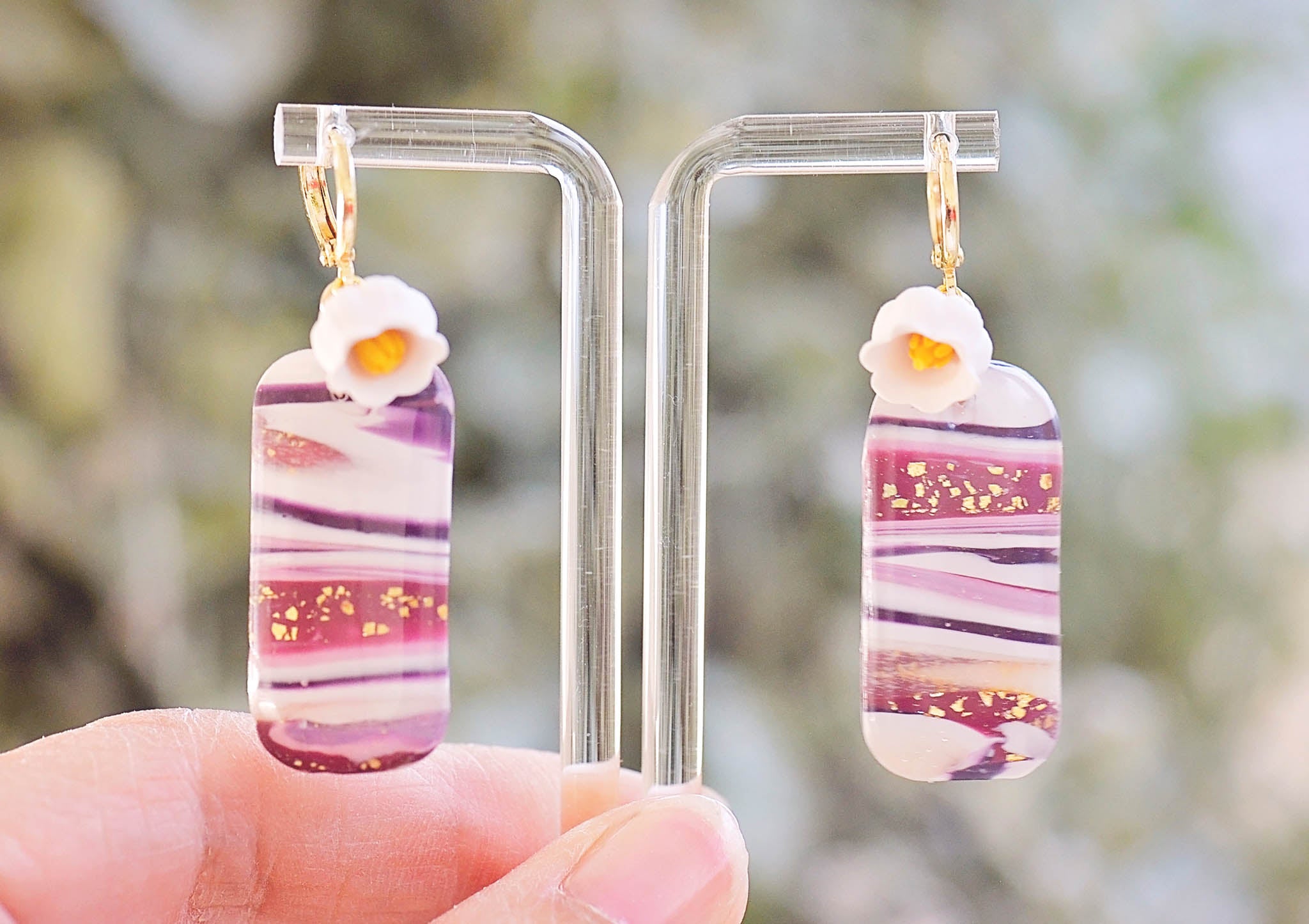 White Bell Purple Lace Bar Earrings