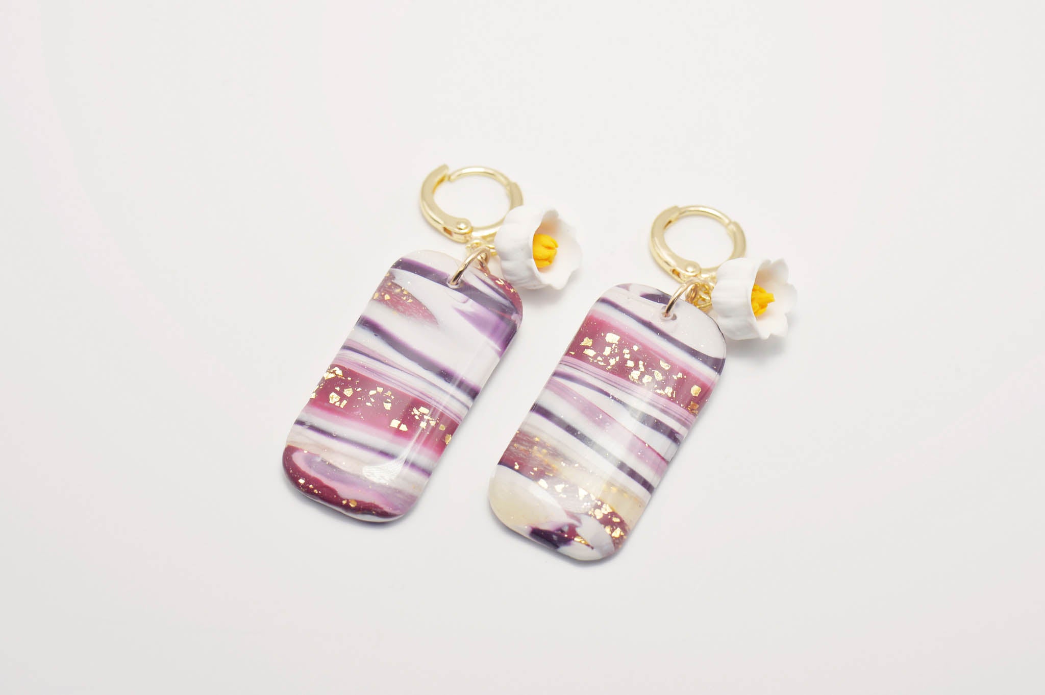 White Bell Purple Lace Bar Earrings
