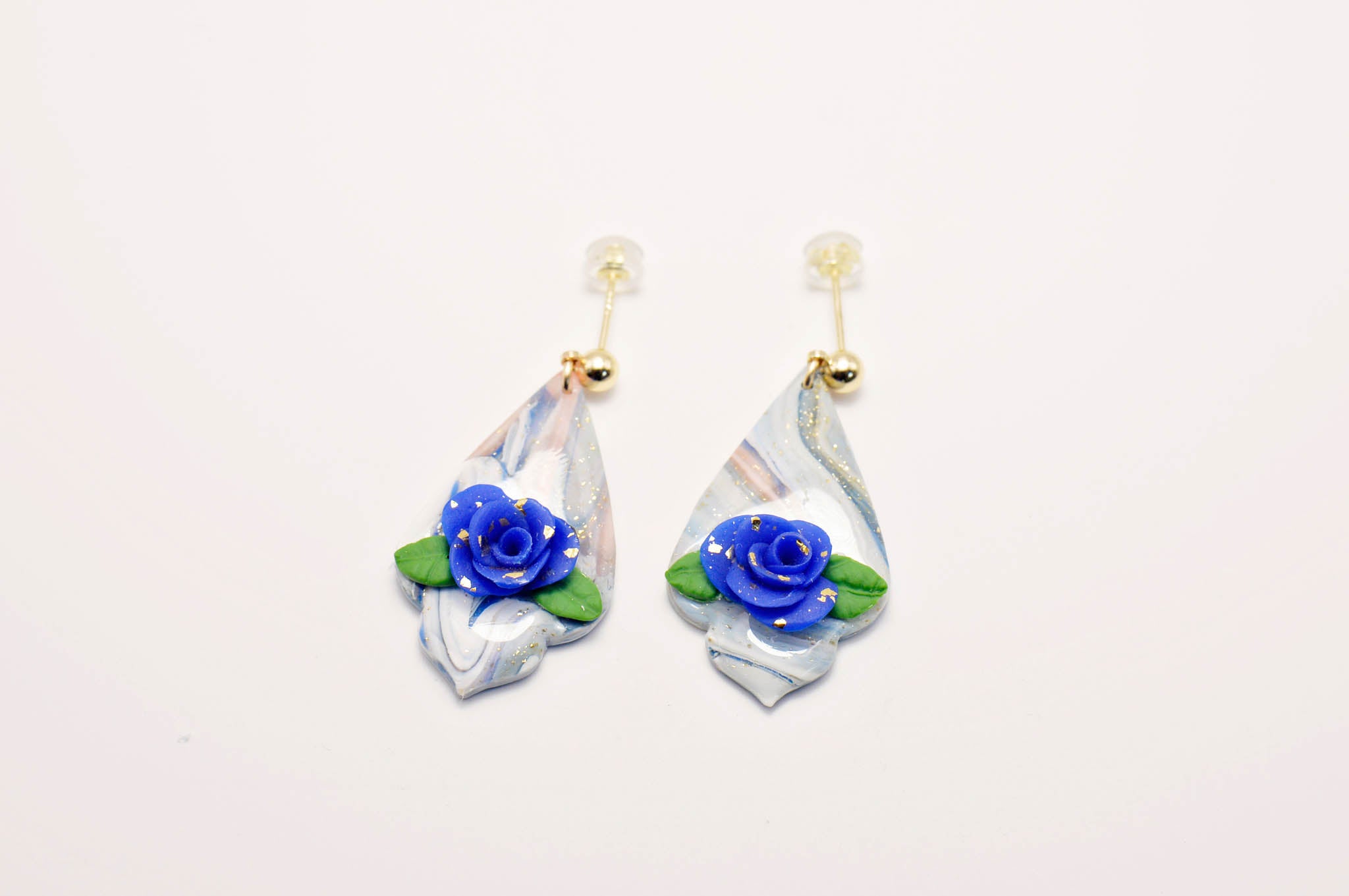 Blue & Pink Rose Dangle Earrings