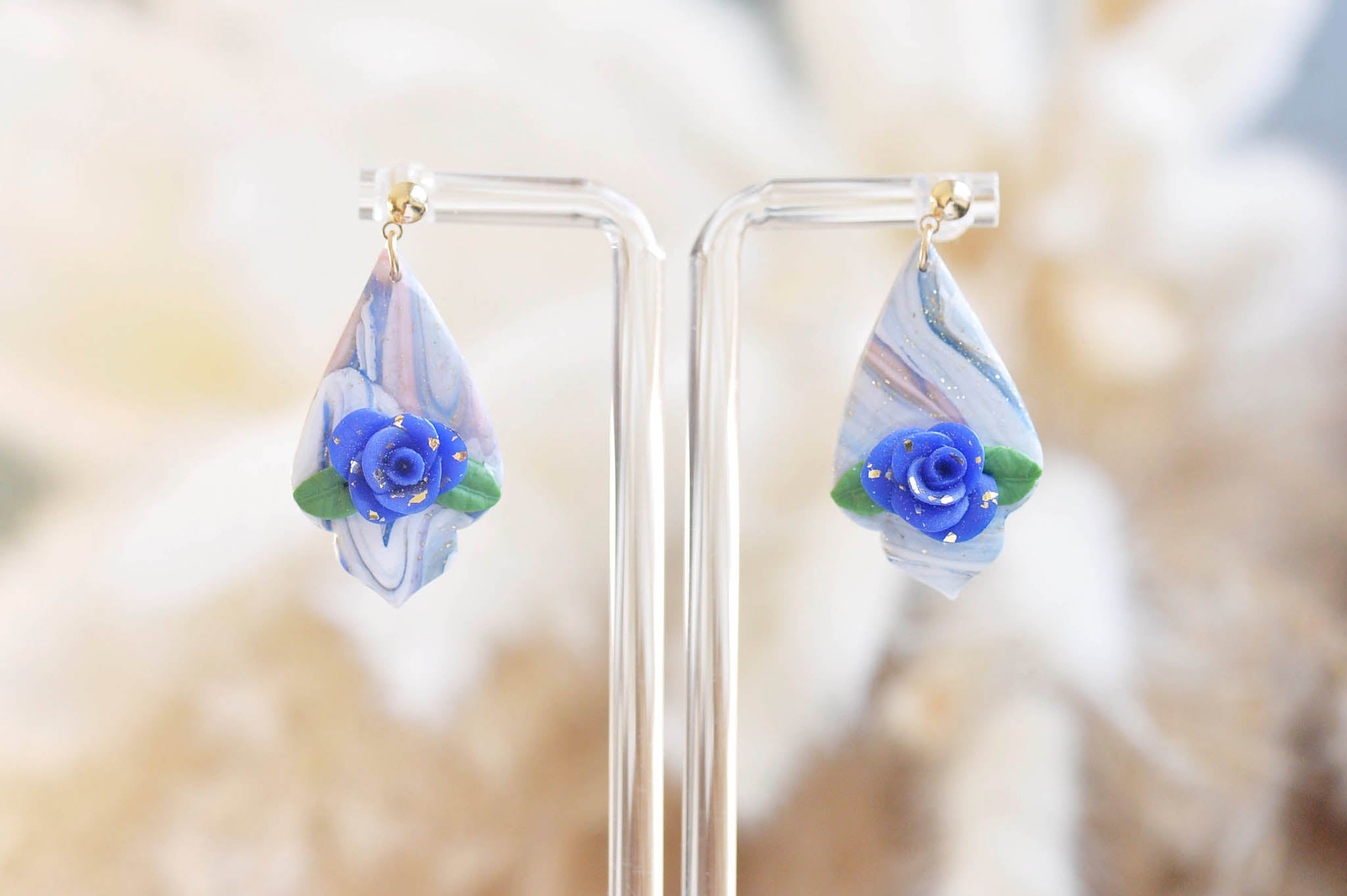 Blue & Pink Rose Dangle Earrings