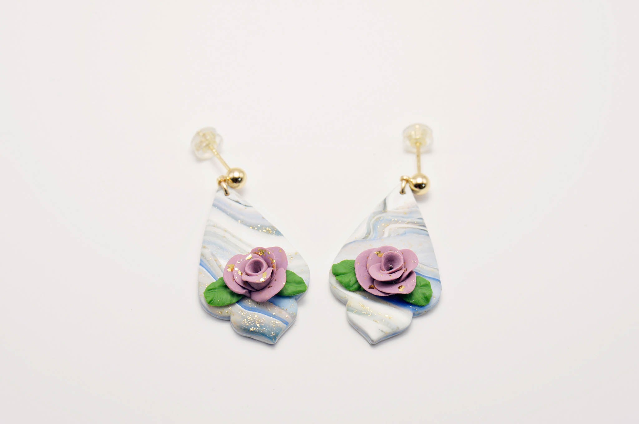 Blue & Pink Rose Dangle Earrings