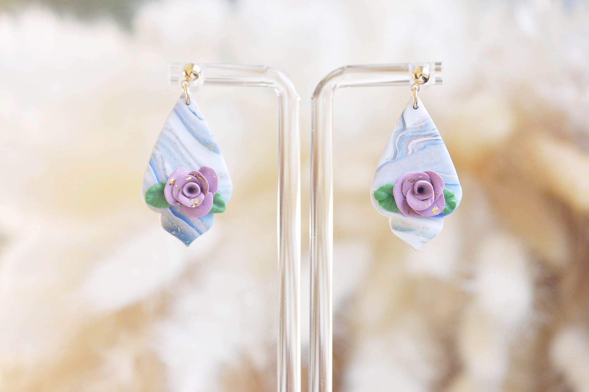 Blue & Pink Rose Dangle Earrings