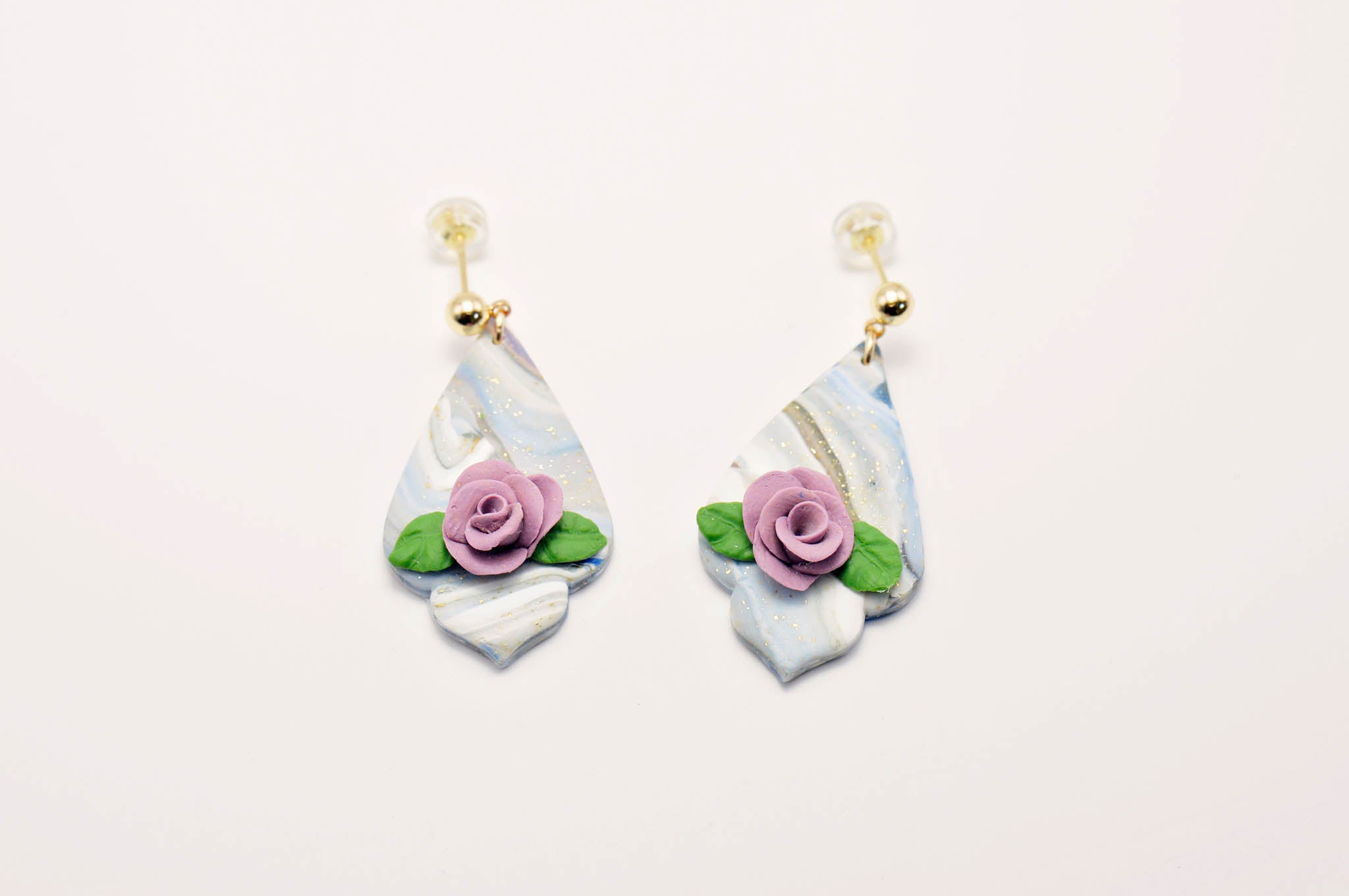 Blue & Pink Rose Dangle Earrings
