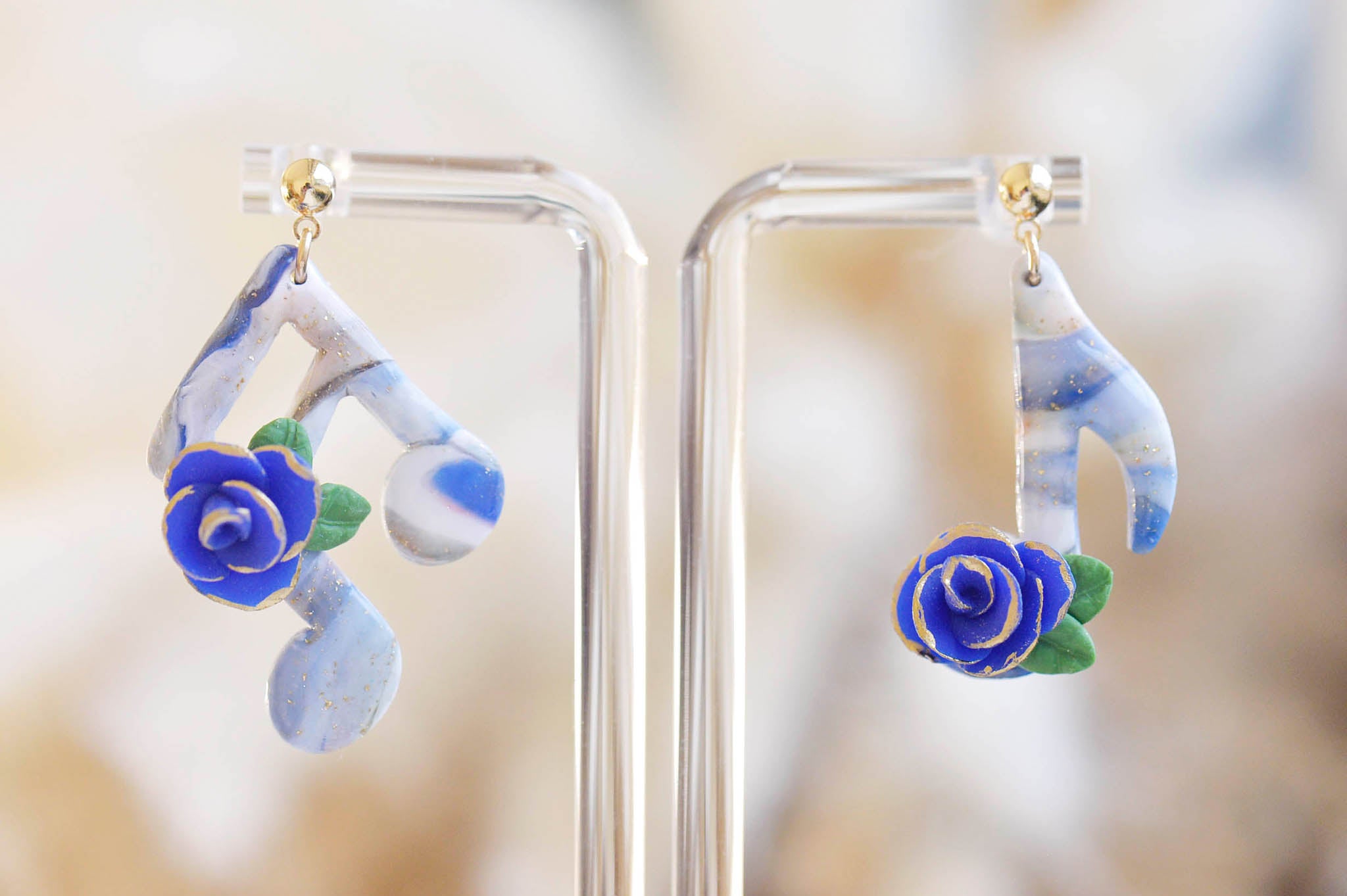 Joyful Blue Roses Music Note Earrings