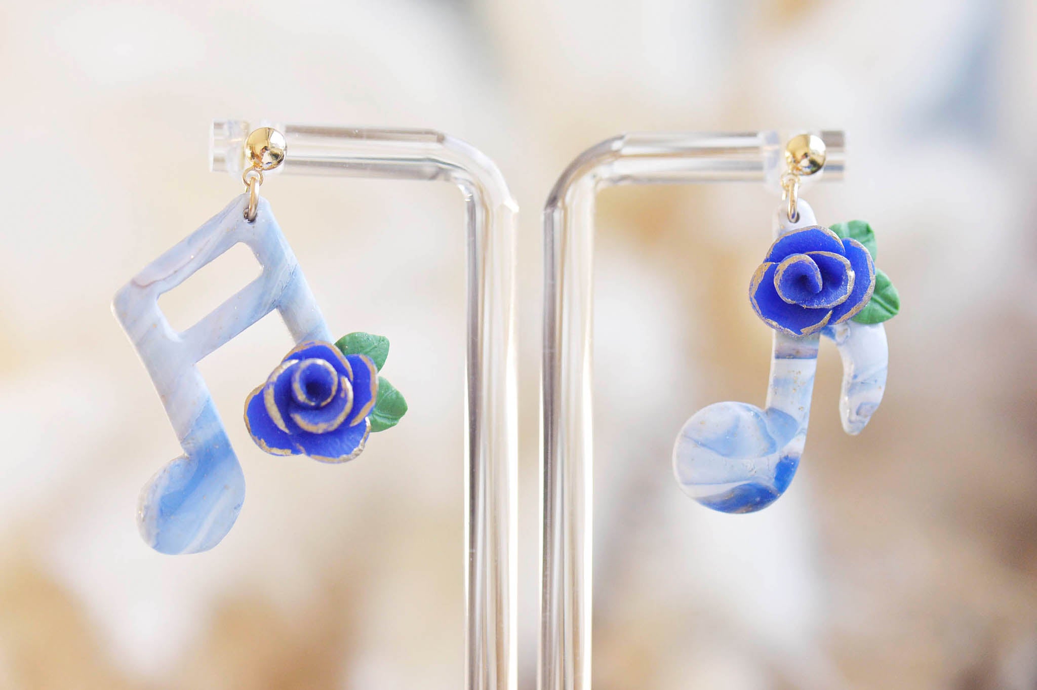 Joyful Blue Roses Music Note Earrings