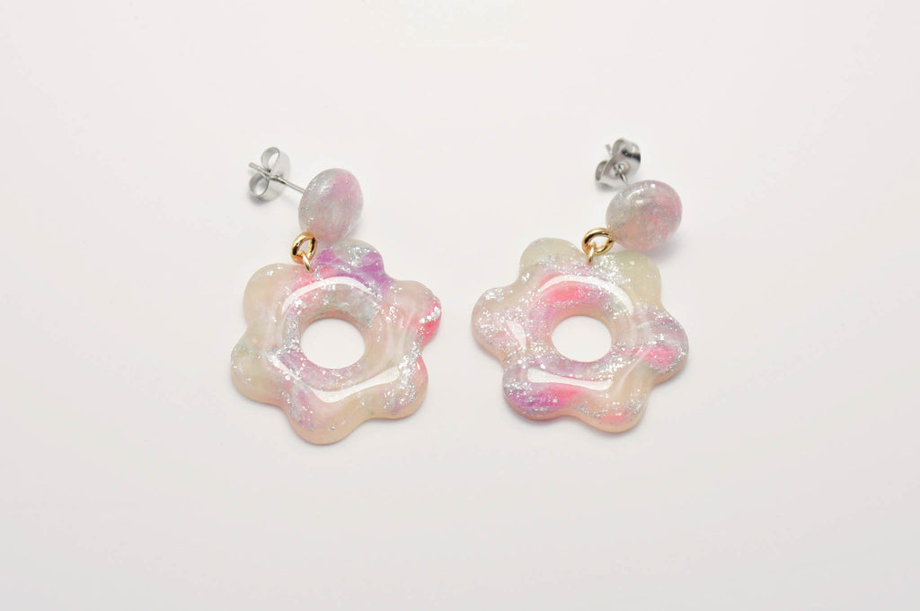 Pink & Purple Transparent Flower Dangle Studs