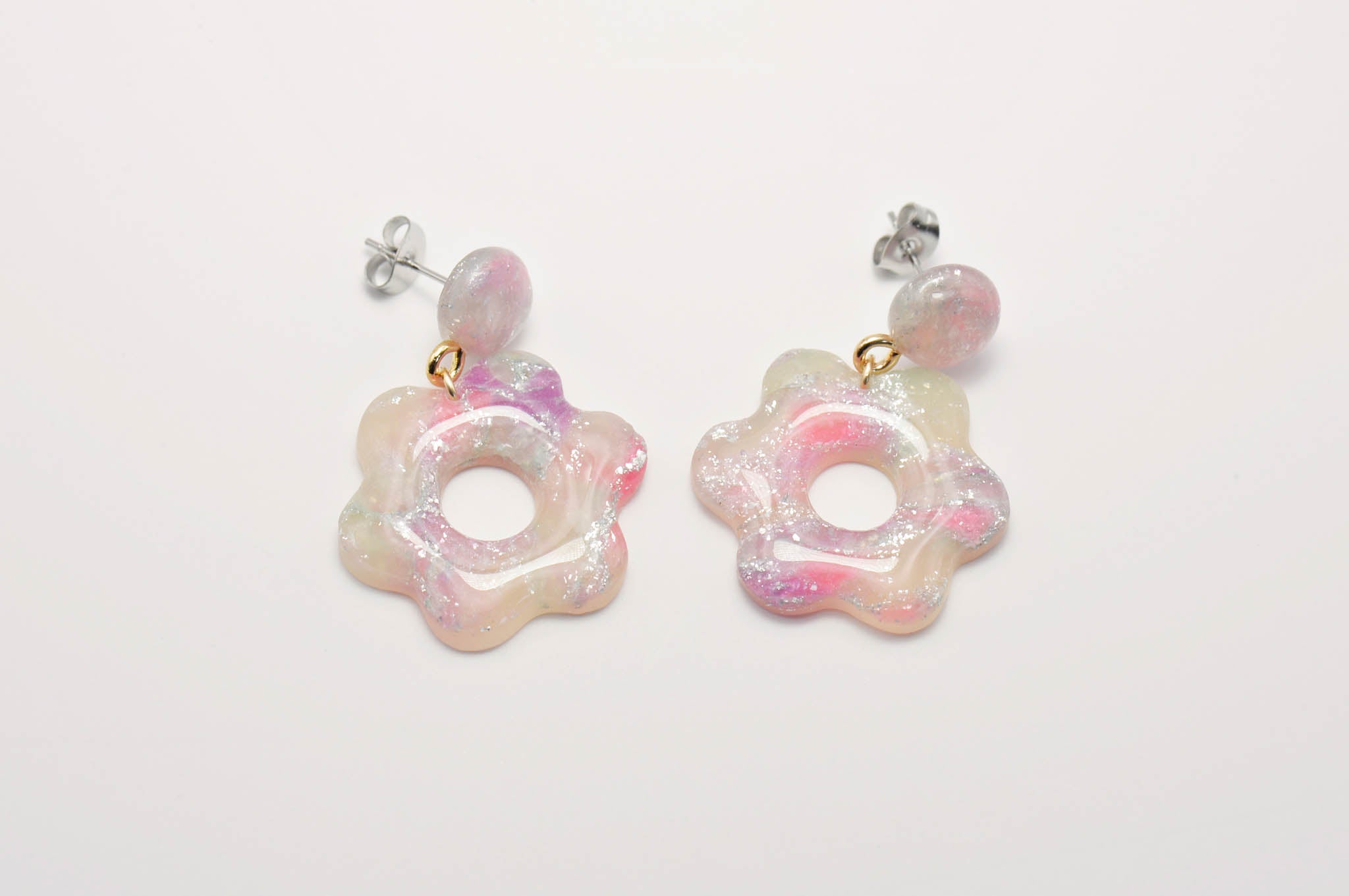 Pink & Purple Transparent Flower Dangle Studs
