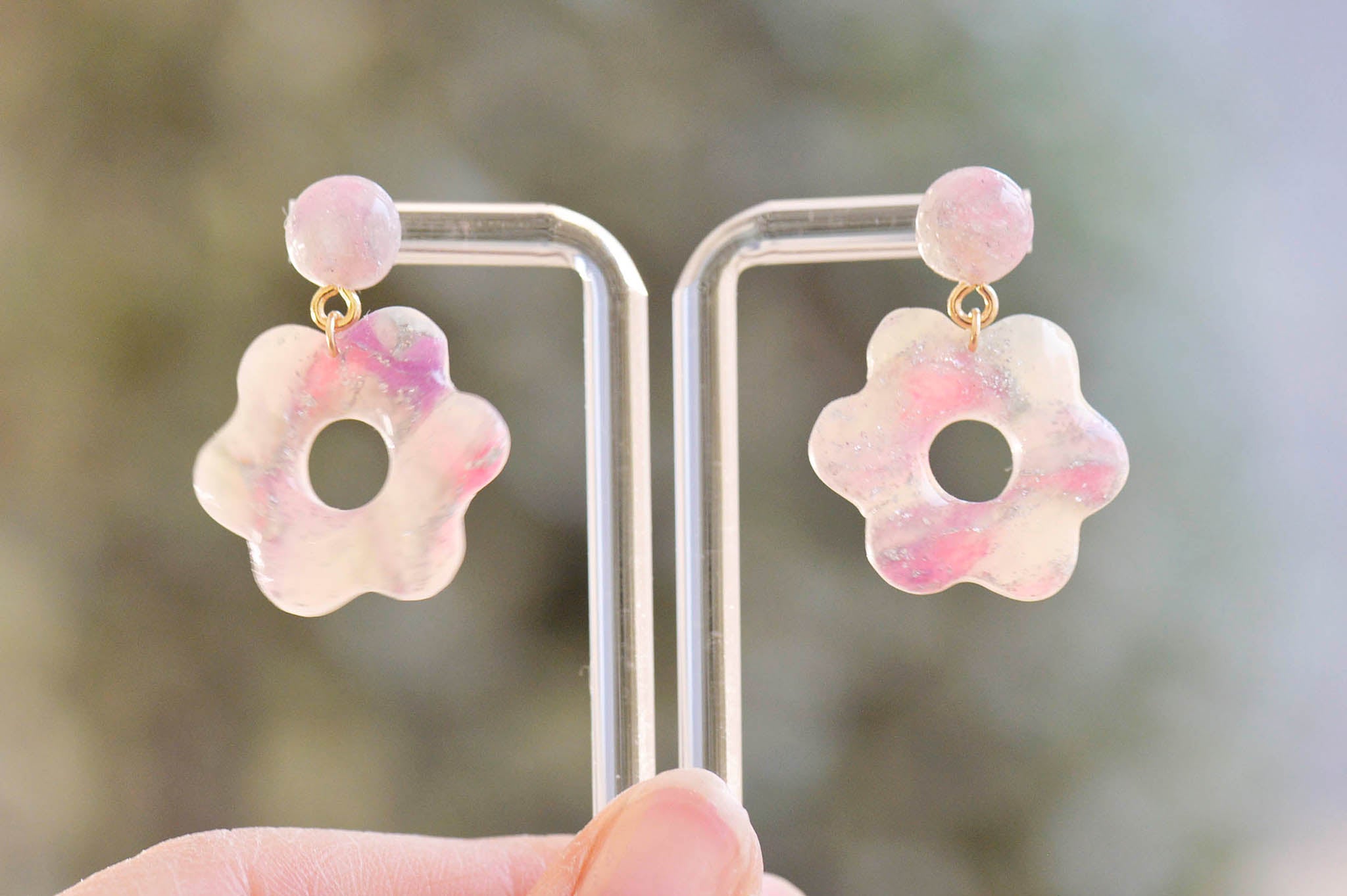 Pink & Purple Transparent Flower Dangle Studs