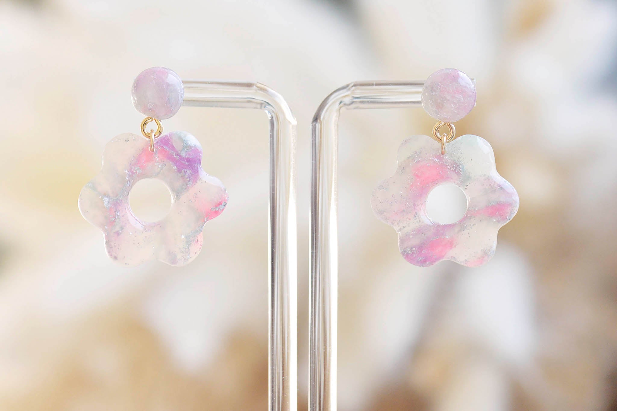 Pink & Purple Transparent Flower Dangle Studs