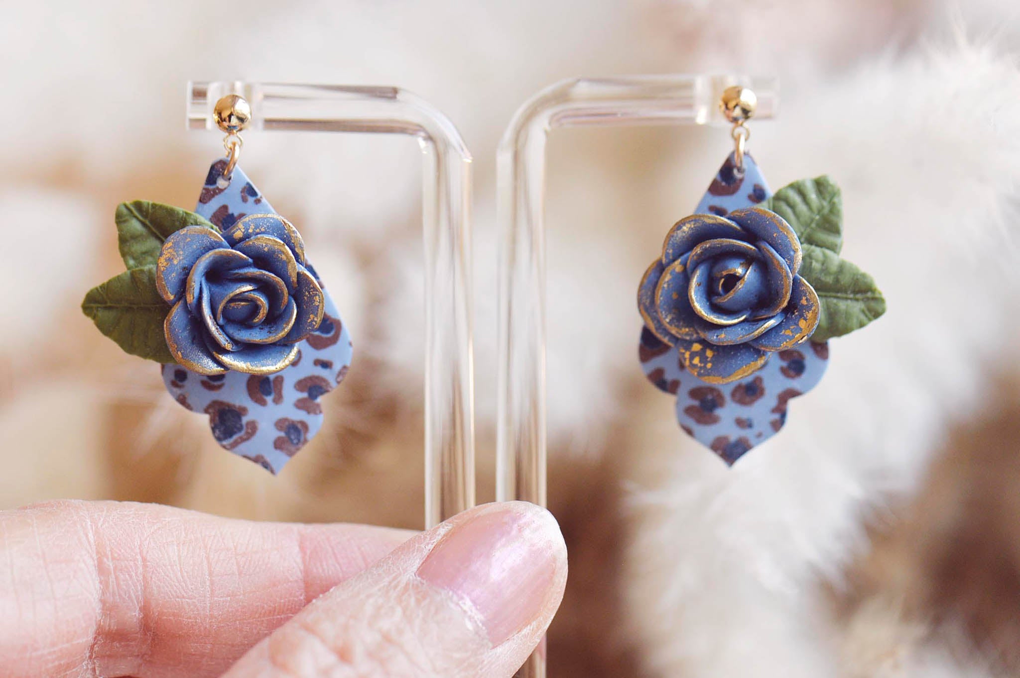 Blue Rose Leopard Print Earrings