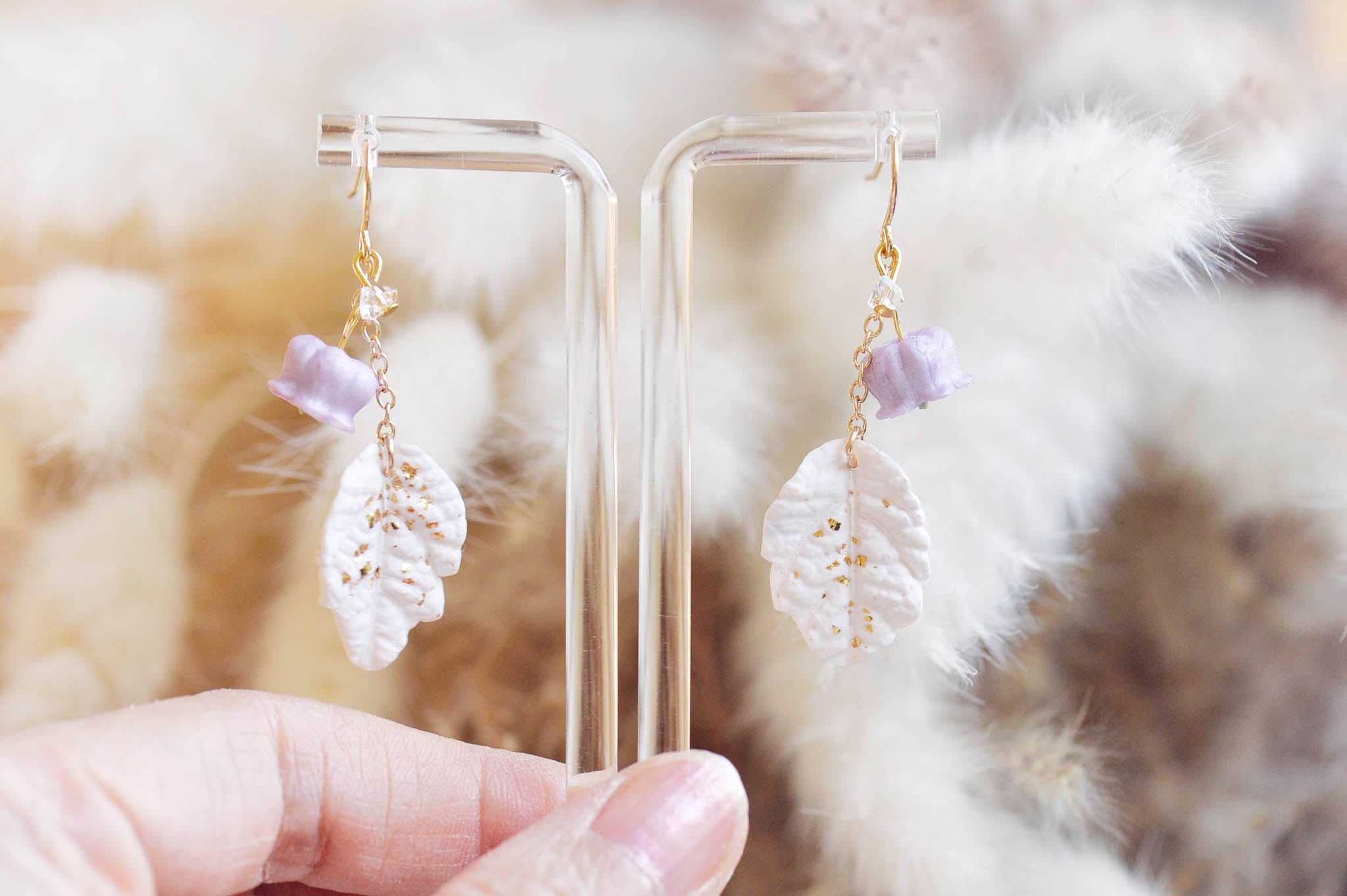 Lavender Purple Pearl Bell Flower Chain Earrings