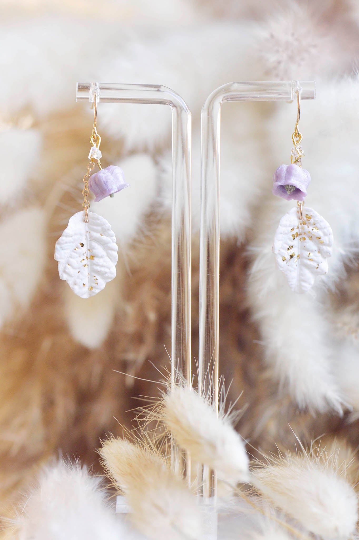 Lavender Purple Pearl Bell Flower Chain Earrings