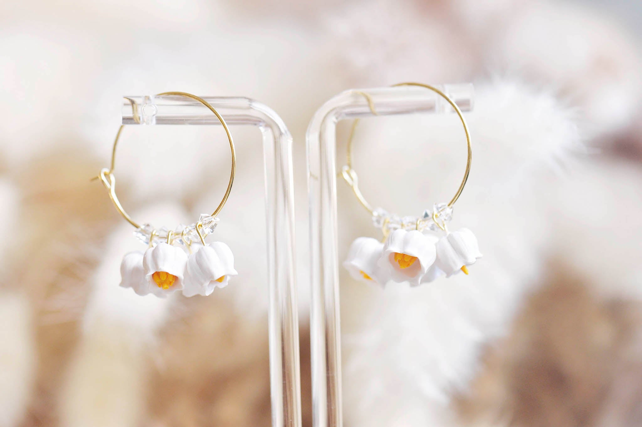 White Lily of the Valley Hoop Earrings